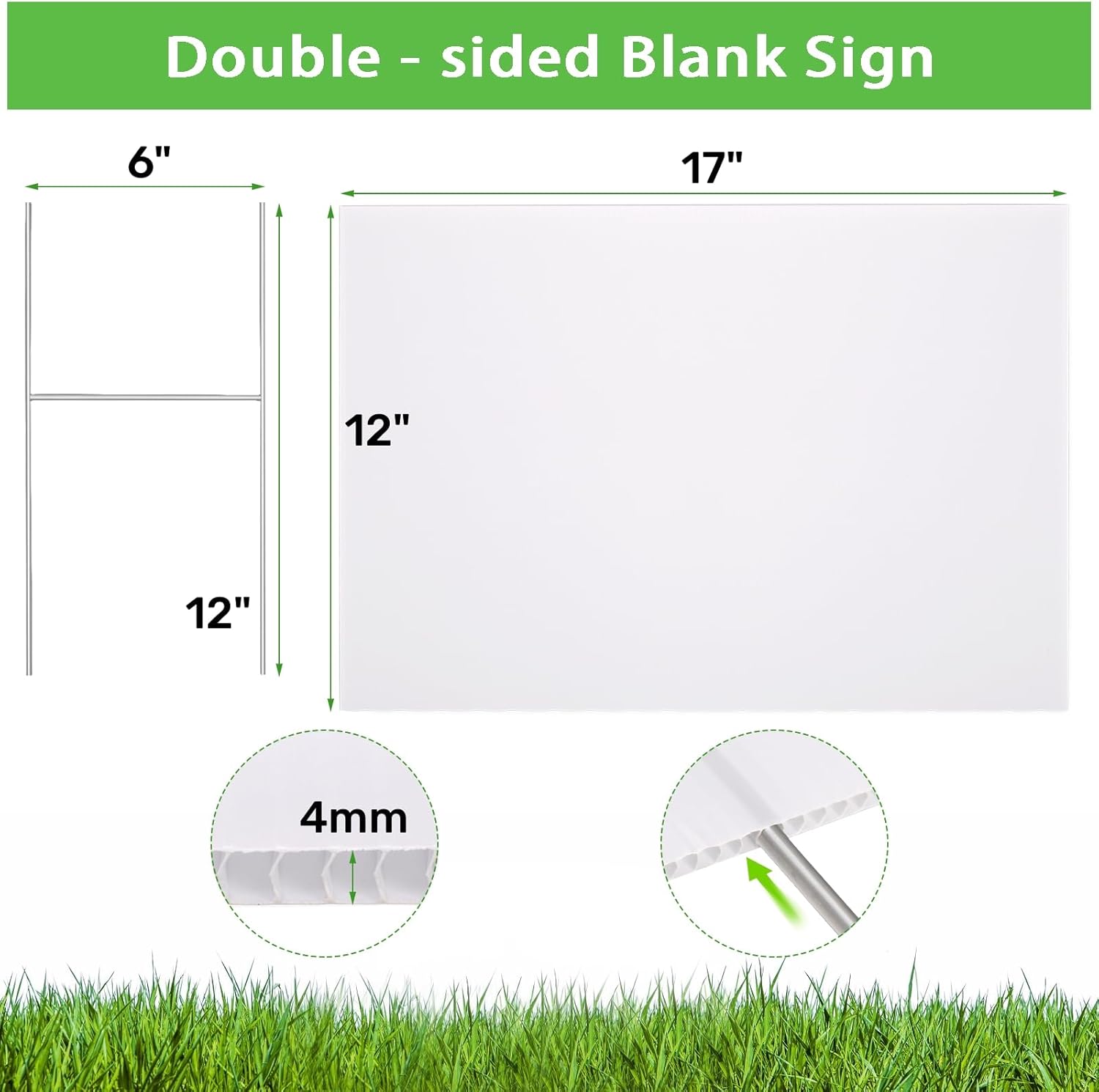 10 Pack Blank Yard Signs with H Metal Stakes, Real Estate Garage Sale Signs Double Sided, Corrugated Plastic Lawn Signs for Birthday, Wedding, Campaign, Parking(White, 17 x 12 Inch)