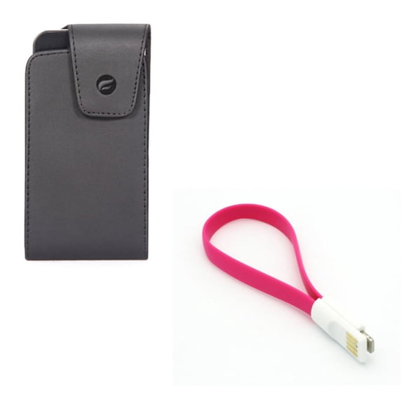 Short USB Cable w Case Belt Clip for iPhone 8/7/6S/6 - Charger Cord Power Wire Fast Charge, Leather Swivel Holster Vertical Cover for iPhone 8/7/6S/6 Models