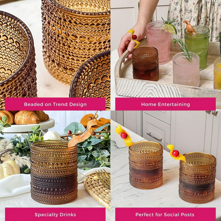 Kate Aspen Vintage Textured Amber Striped Drinking Glasses Set of 6-13 oz  Ribbed Glassware with Flower Design, Cocktail Set, Juice Glass, Iced  Coffee Cup in 2023