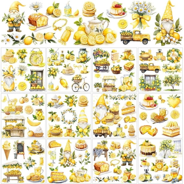 12 hojas de pegatinas de transferencia de limón, pegatinas de limón y gnomo, pegatinas de limonero de verano, pegatinas de postre de limón