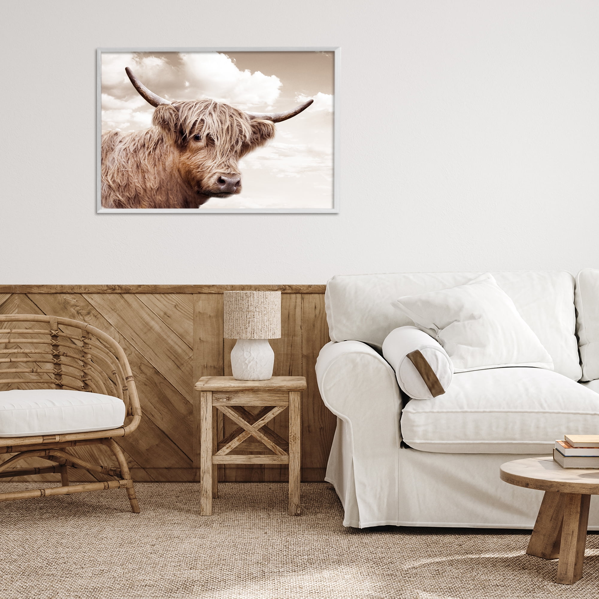 Stupell Industries Shaggy Highland Cow & Clouds White Framed Giclee Art, design by CAD Designs