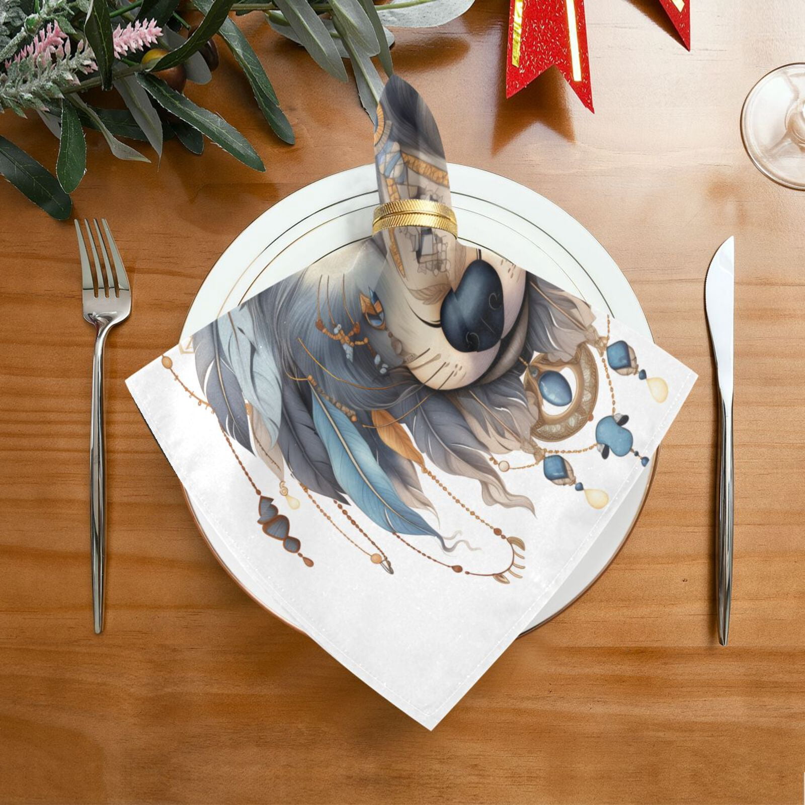 JSTEL Wolf Boho Dreamcatcher Cloth Napkins Set of 6, 20x20 Inch Washable and Reusable Napkin for Decoupage Dinner Party Everyday Use