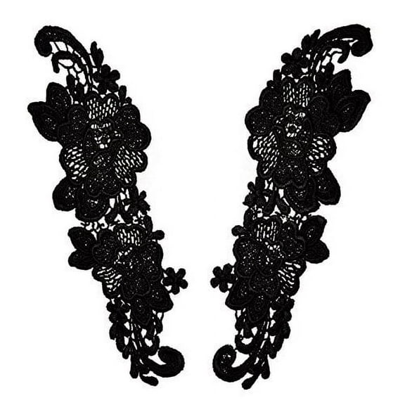 Altotux 9" X 3" Black Floral Guipure Venice Lace Collar Neckline bodice Applique By Pair