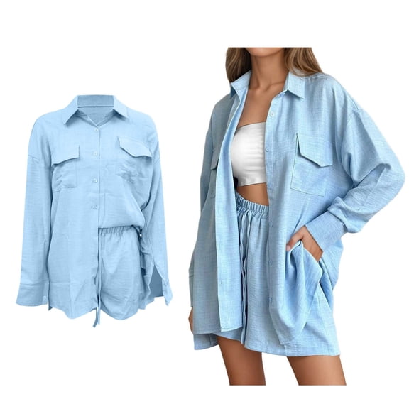 Shorts Set for Women Two Piece Sets Button Down Blouse and Shorts Spring Clothes Outfit for Women