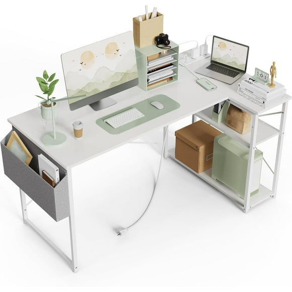 Small Computer Desk with Power Outlets, 40 Inch L Shaped Desk with Reversible Shelves, Gaming Desk Corner Desk Study Writing Table for Home Office Bedroom Living Room, Black