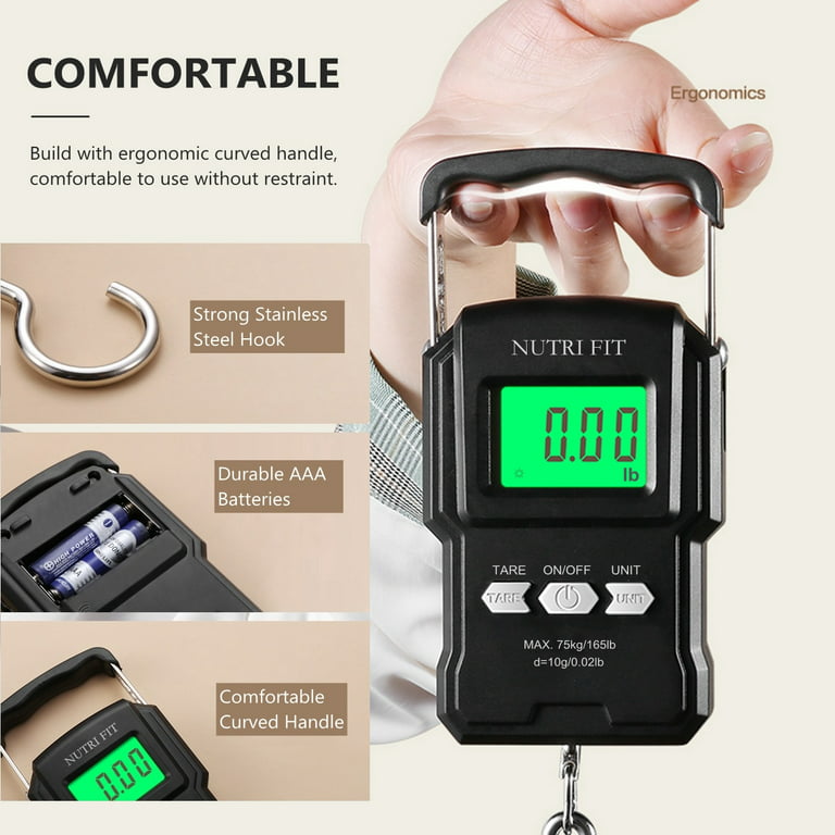 Digital Hanging Luggage Scale with Comfortable Handle and Large Hook,  110lb/50kg, Backlit Portable Scale for Travel Fishing with Tare/Hold  Function