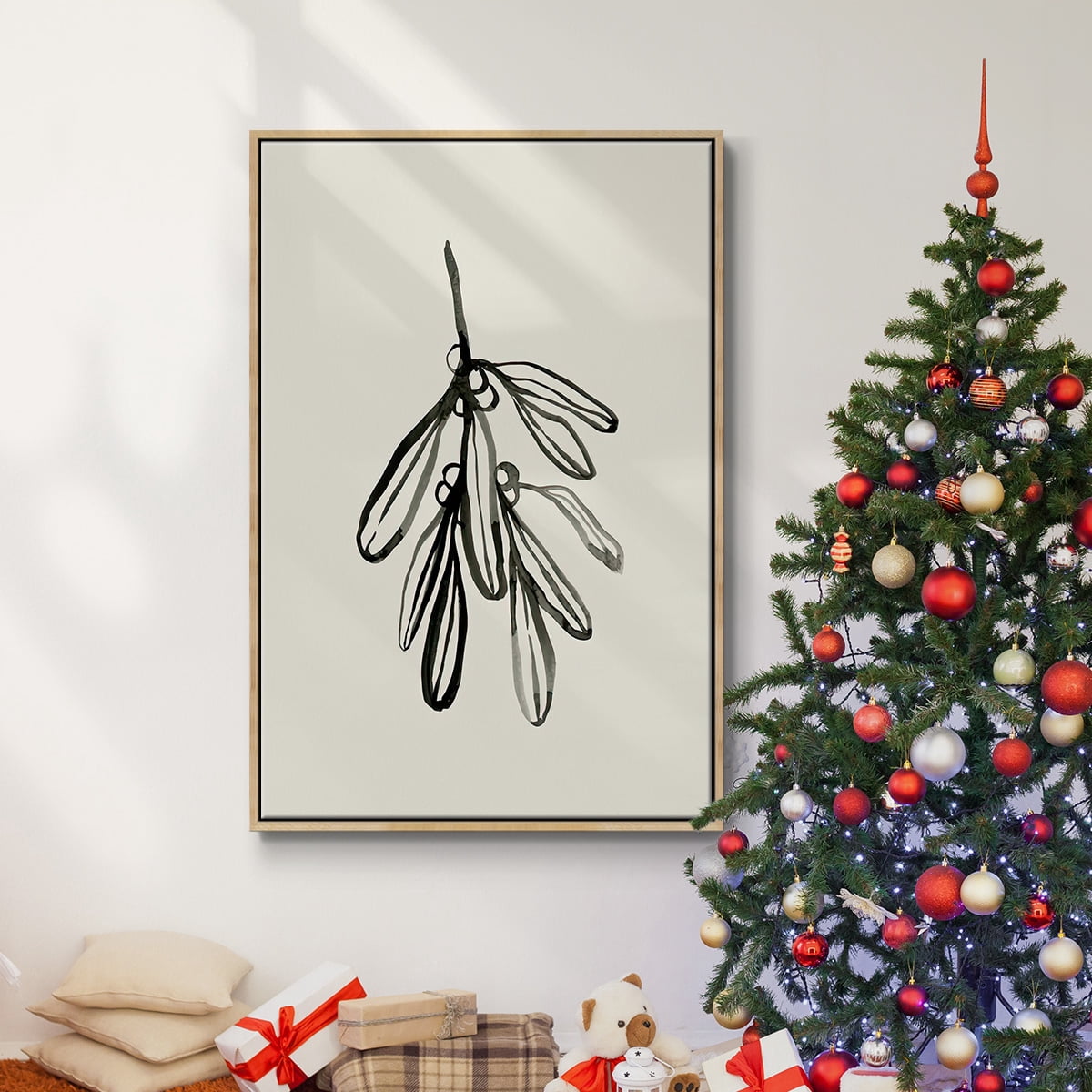 Mistletoe Sketch I - Framed Gallery Wrapped Holiday Canvas - 27 x 41 - Natural Wood Frame