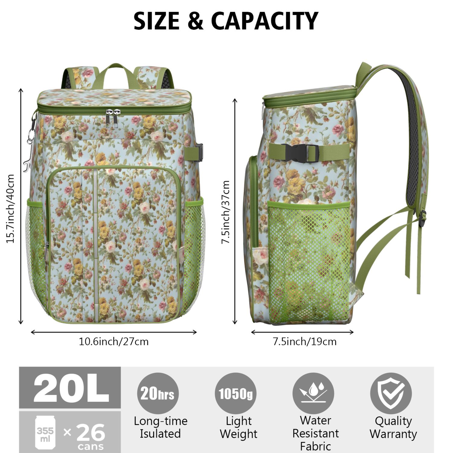 Travel Cooler Bag - Pioneer Flower Floral Print Pattern Camping Beer Cooler Backpack with Bottle Opener- Waterproof Insulated Picnic Backpacks - Cooler Bag for Beach