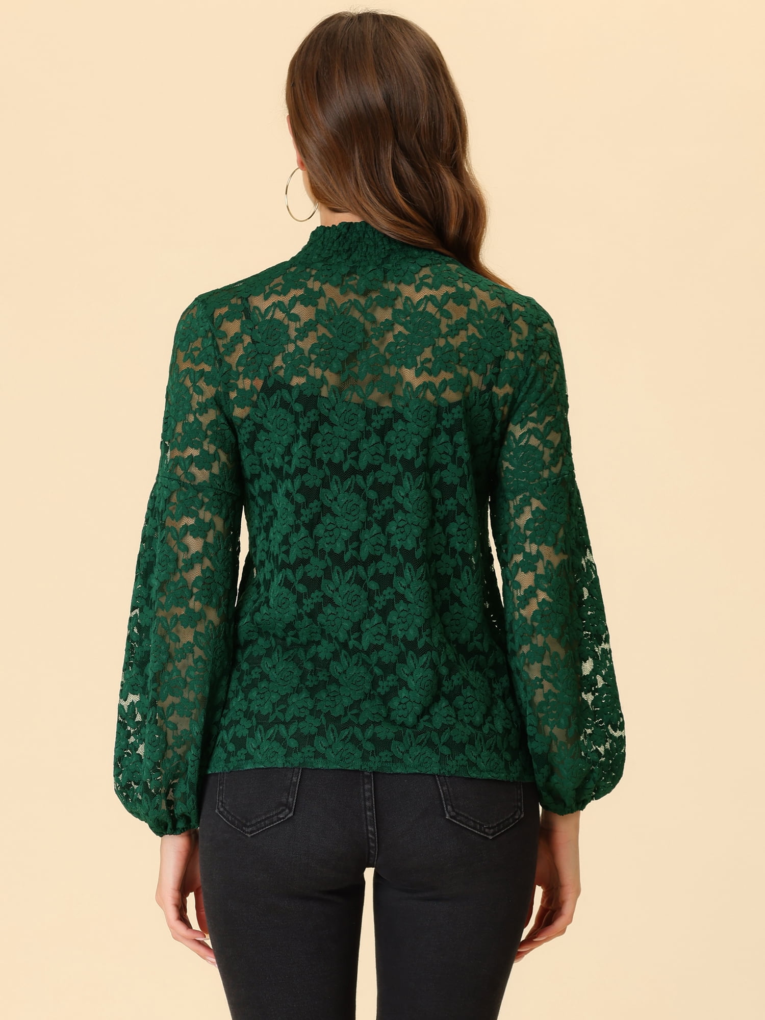 DARING DIVA Lace Elastic Cuff Long Sleeves Vintage Blouse M Dark Green