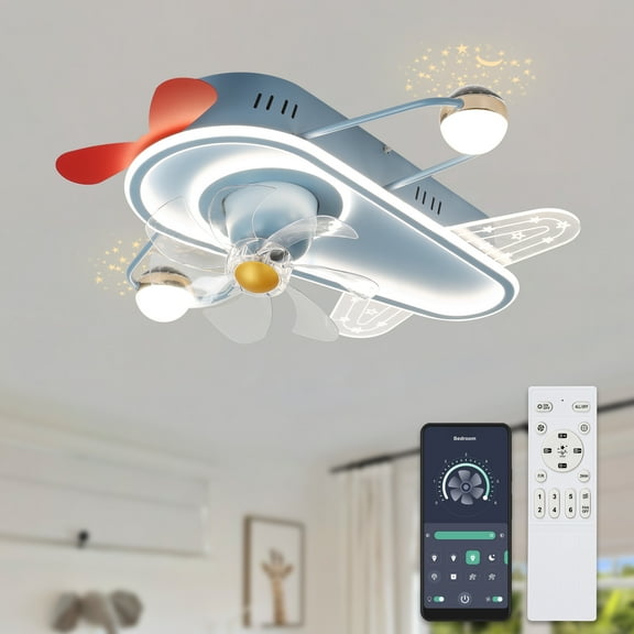 Cusp Barn 26 Inch Creative Plane aircraft Ceiling Fan With LED Light, Low Profile Flush Mount Ceiling Fan with Remote APP Control for Kids Bedroom