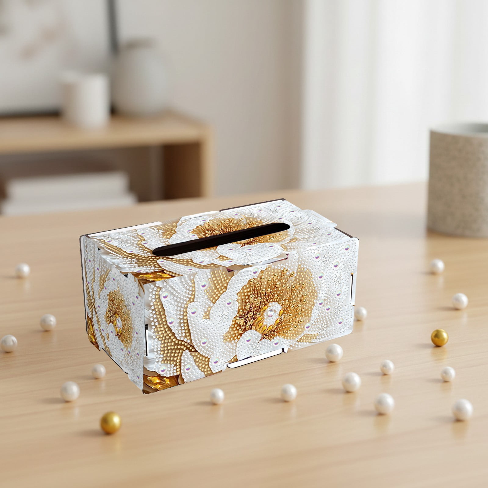 FLOPESN DIY Diamond Art Painting Flower Tissue Box – Wooden Storage Box with Crystal & Pearl Diamonds, Decor Craft Kit for Bedroom, Living Room (8.86 x 5.31 x 4.13 in)