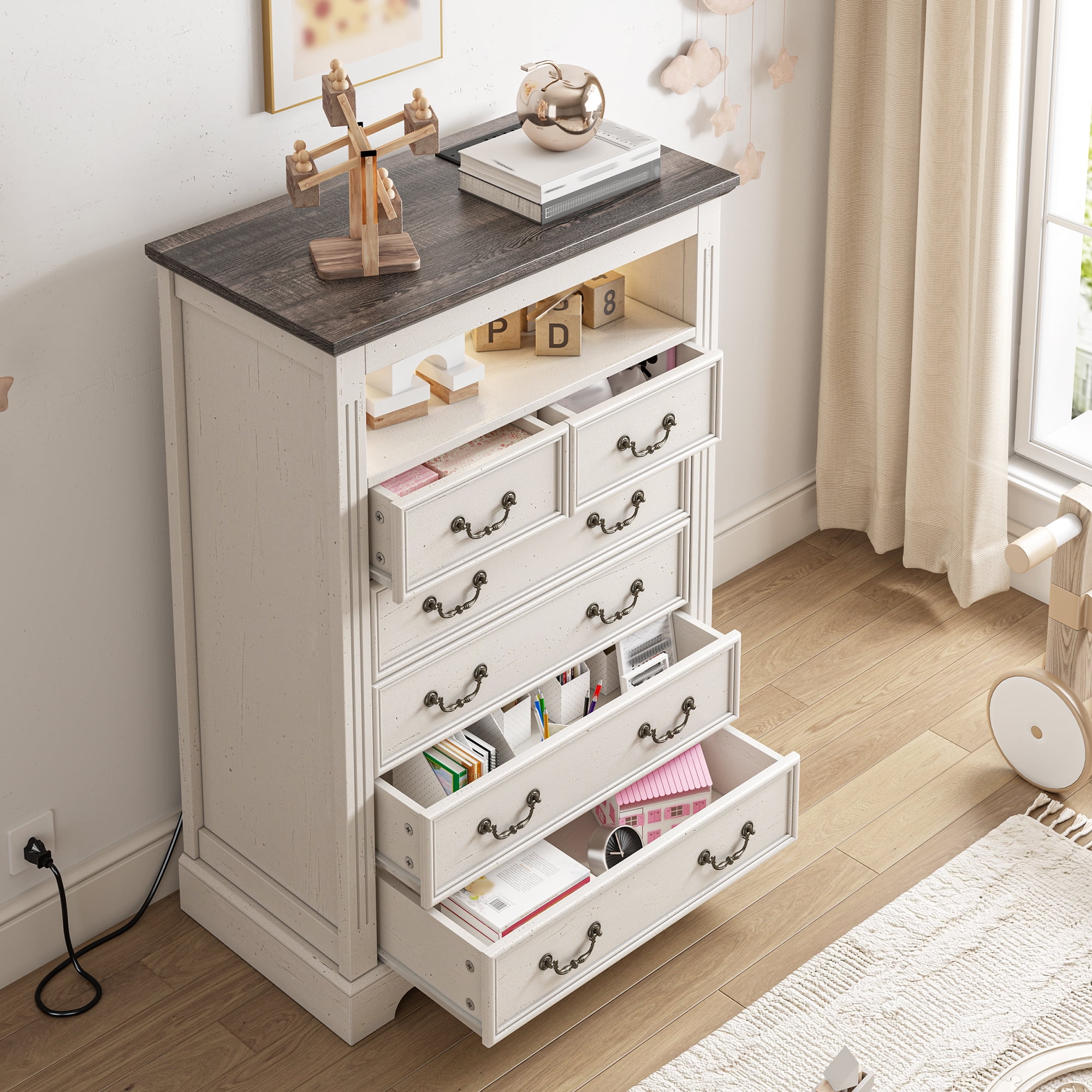 EnHomee Dresser for Bedroom Wood Dresser with LED Lights & Charge Station White Dresser with 6 Drawers