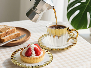 3.2oz Ceramic British Coffee Cup Set of 6, Italian Turkish Cappuccino Cups Porcelain Espresso Cups and Saucers with Gold Trim for Double Espresso Cappuccino Latte Mocha Tea