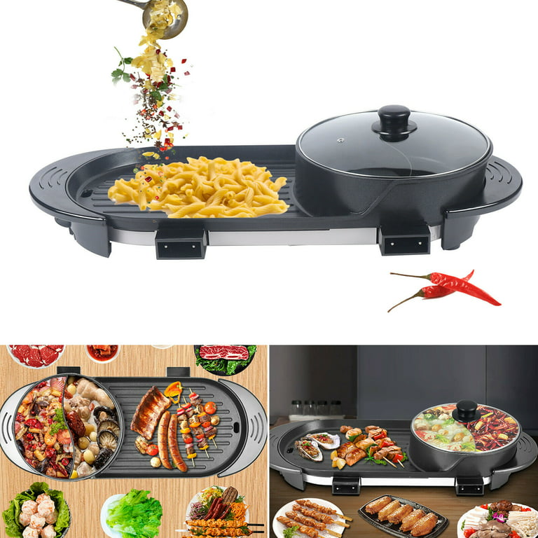 Electric Barbecue Pan Grill Hot Pot Combo, 2 in 1 Pot Non-Stick BBQ  Teppanyaki Pan with Lid 110V Black 