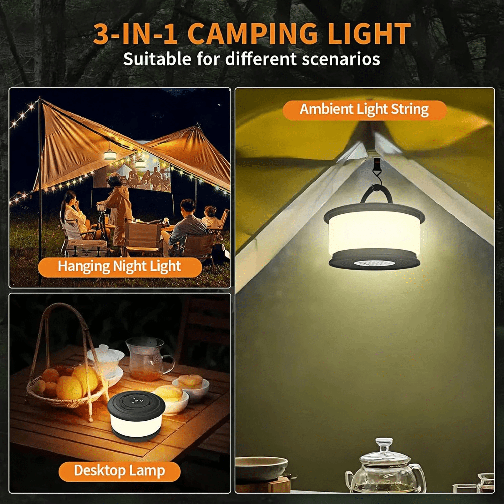KOBAIBAN 3-in-1 Camping Lights, 32.8FT Rechargeable Camping String Lights with 19 Lighting Modes, IPX4 Waterproof LED Tent Lights for Camping Yard Patio, Black