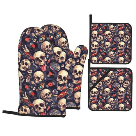 

Oven Mitts and Pot Holders 4 Piece Skull record rock High Heat Slip Resistant Oven Mitt and Trivets Set Kitchen Oven Glove Pot Holders for Cooking Baking Grilling
