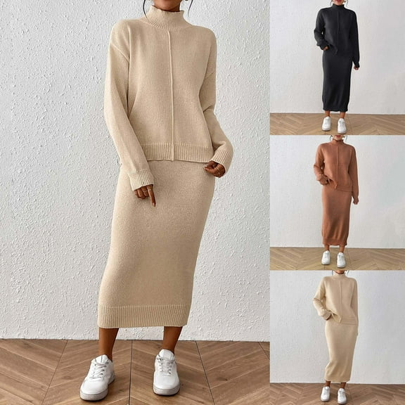 YHAJDS Women Casual Outfit Set,2 Piece Sets for Women Solid Color Half High Neck Long Sleeve Knit Top and Bodycon Midi Skirt Womens 2 Piece Set