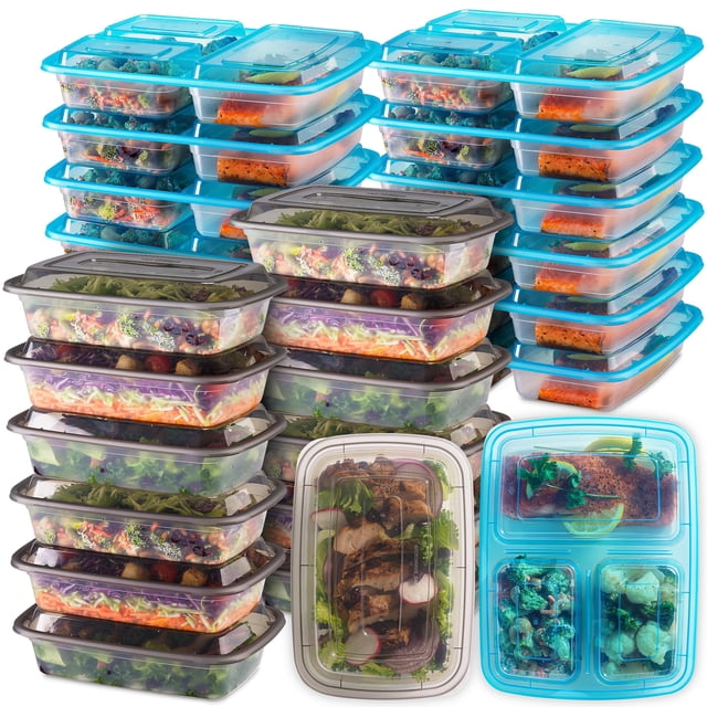Contenants de Conservation des Aliments avec Couvercles - (Lot de 24-32 Oz) 12- Contenants de Préparation de Repas à 3 Compartiments Réutilisables