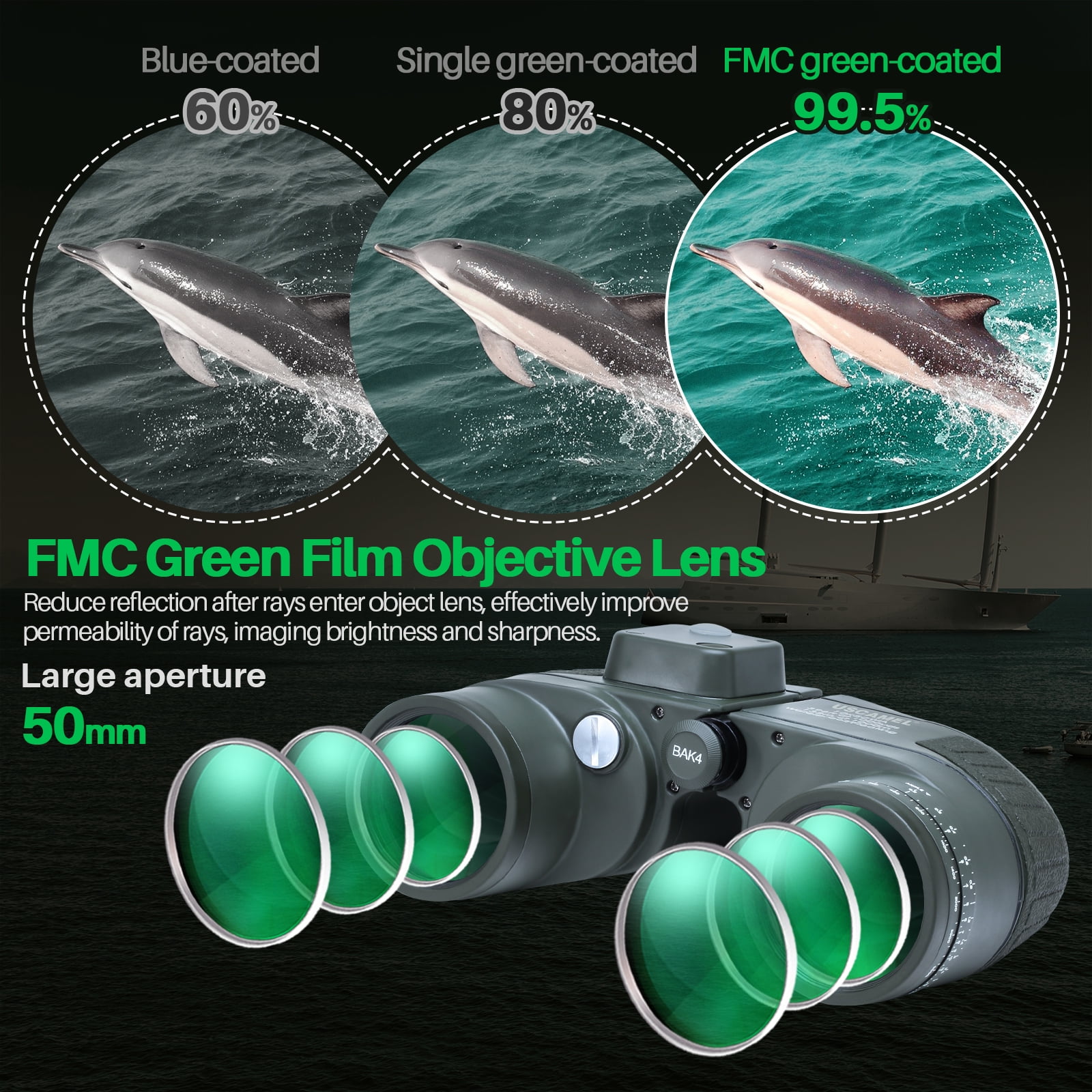 USCAMEL 10X50 Marine Binoculars for Adults, Binoculars with Low Light Vision Rangefinder Compass, BAK4 Waterproof Military Binoculars for Boating Hunting, Gift for Him