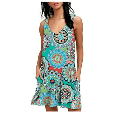 Bohemian Print Dress Women's Mini Dresses Bohemian Casual V Neck Sleeveless Floral Print Swing Retro T Shirt Tank Dress with Pockets ()