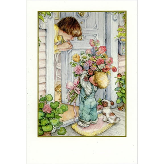 Pictura Little Boy and Puppy Delivering Huge Bouquet of Sparkling Flowers Get Well Card