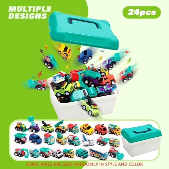 Toys for Kids 24pcs Mini Pull Back Cars Set Powered Cars in 1:64 Scale for Kids Toddlers with storage box Treasure Box Gifts for Classroom