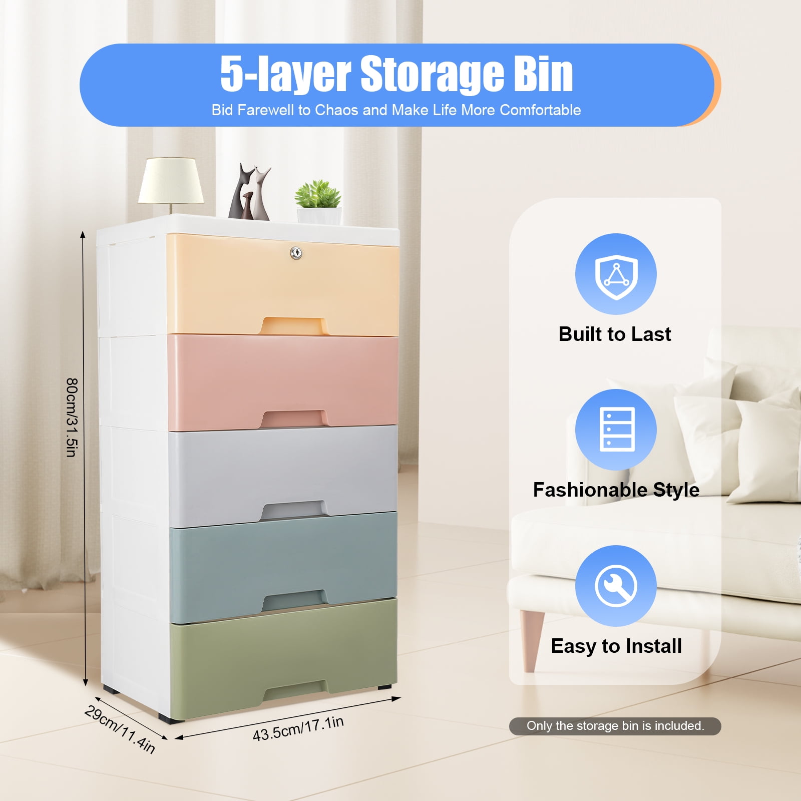 5 Tier Plastic Drawers Dresser Storage Tower w/5 Drawers, Stackable Storage Organizer Cabinet w/Wheels Storage Bin,Mobile Storage Closet Large Containers Organizer Unit