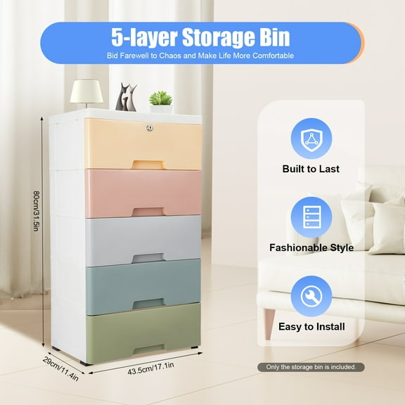Lockable Macaron 5-Drawer PP Detachable Storage Dresser Cabinet, Removable Pulley Organizer with 55 Lbs Max Load for Bedroom Living Room Entryway