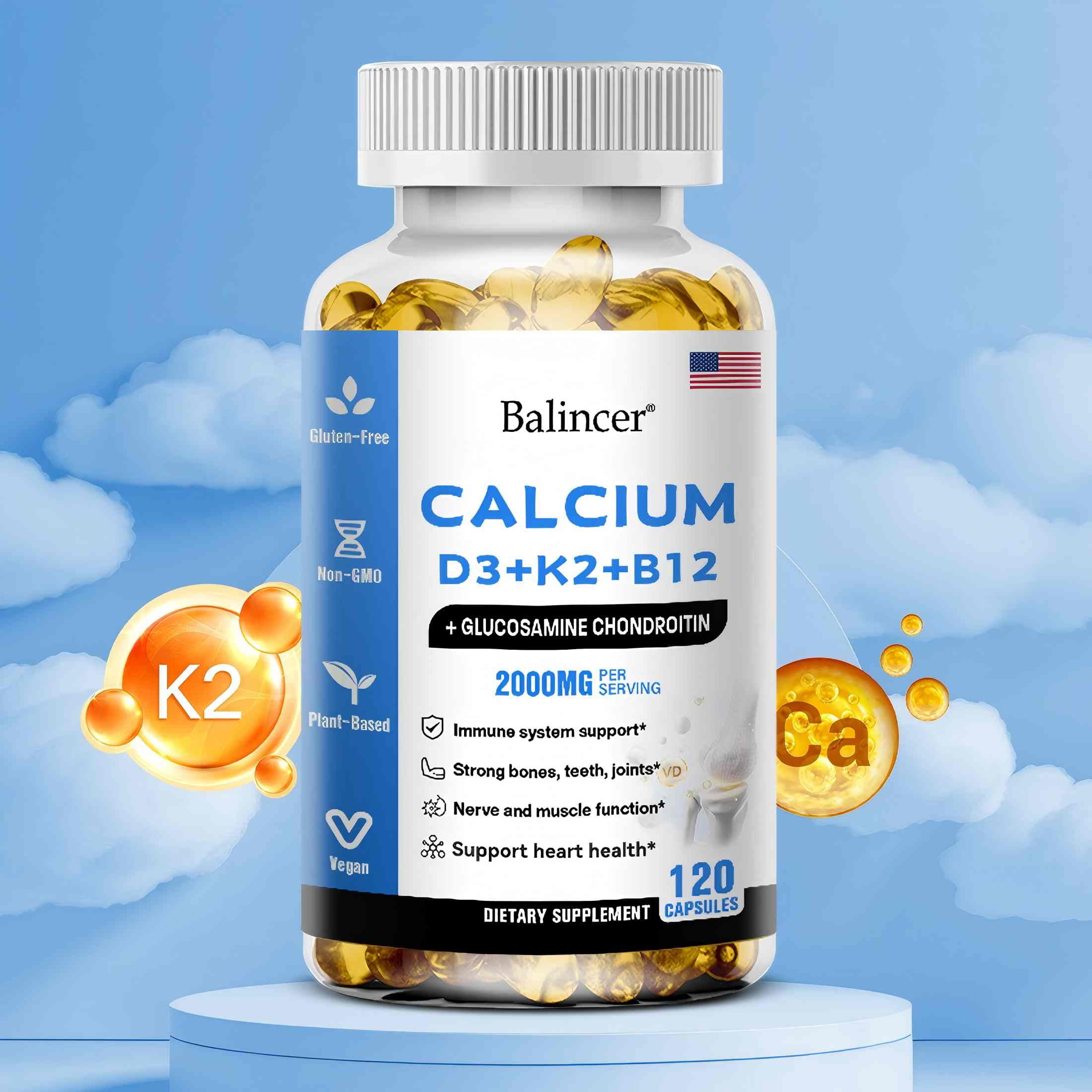 Balincer Calcium & Vitamin D3 Supplement, with Calcium D3+K2+B12, Support Immune Health, 120 Capsules