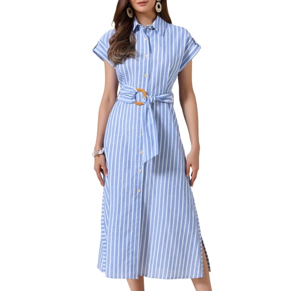 DARING DIVA Women's Button Down Tie Waist Side Slit Striped Midi Dresses S Blue and White