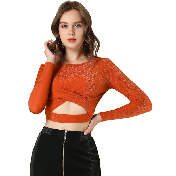 Disfraz de Navidad Allegra K para mujer Tops con purpurina Manga larga Slim Fit Crop Top naranja XS