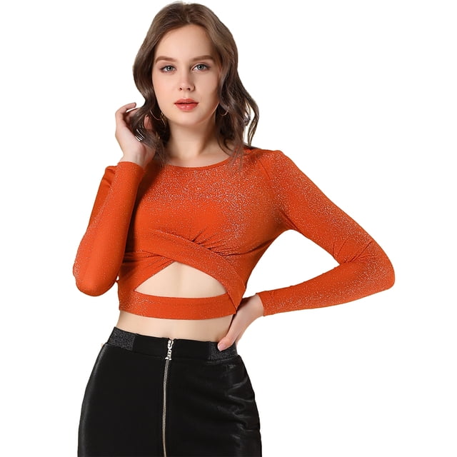 Disfraz de Navidad Allegra K para mujer Tops con purpurina Manga larga Slim Fit Crop Top naranja XS