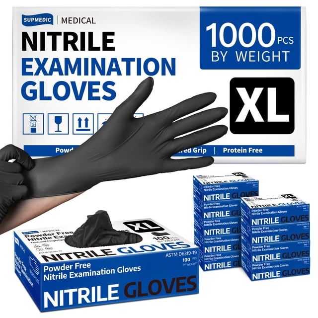 Guantes de nitrilo Supmedic desechables, sin polvo, negros, XL
