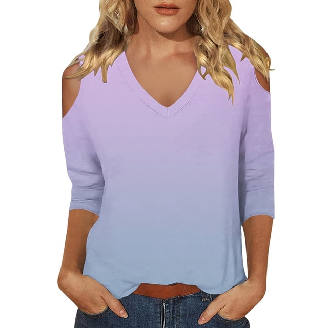 WZXFASHION Hauts pour Femmes à Manches 3/4 2025 Printemps Col Décontracté Tunique Imprimée T-Shirts à Manches Trois Quarts Hauts pour Femmes à 50 % de Rabais Liquidation T-shirt à Manches Longues pour Femme