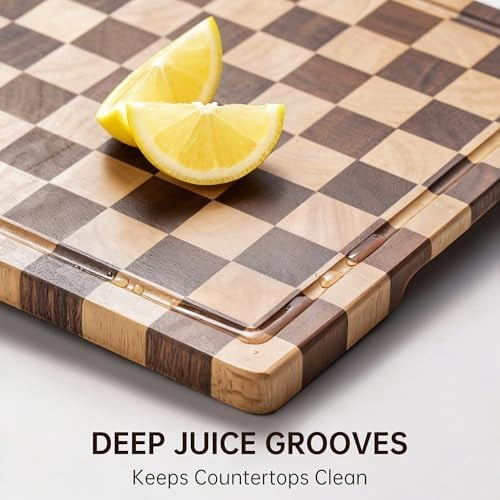 Checkerboard Cutting Board, Wooden Cutting Boards for Kitchen, End Grain Wood Cutting Board with Juice Groove, Serving Tray for Meat, Vegetables, Fruits, Bread, Cheese, 14" X 11" X 0.8"