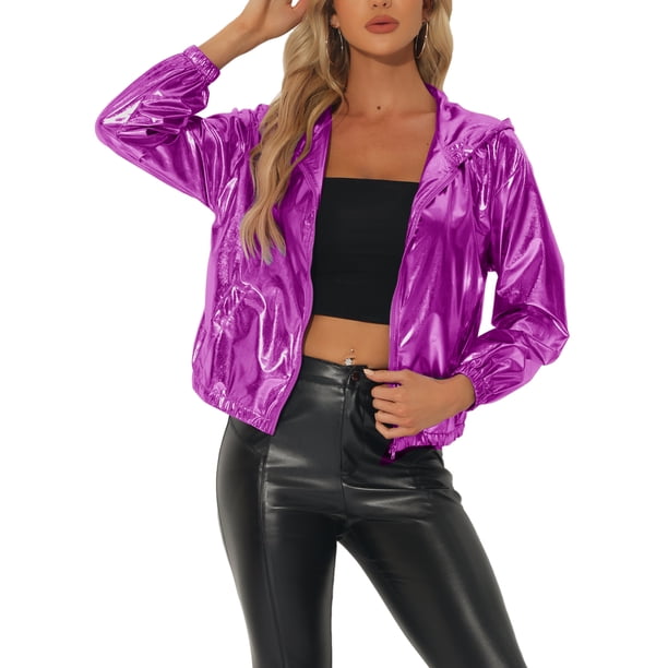 CHAQUETA METÁLICA BRILLANTE CON CAPUCHA Y CREMALLERA PARA MUJERES INSPIRADA EN CHIC, M LARGA DE MANGA LARGA, COLOR PÚRPURA