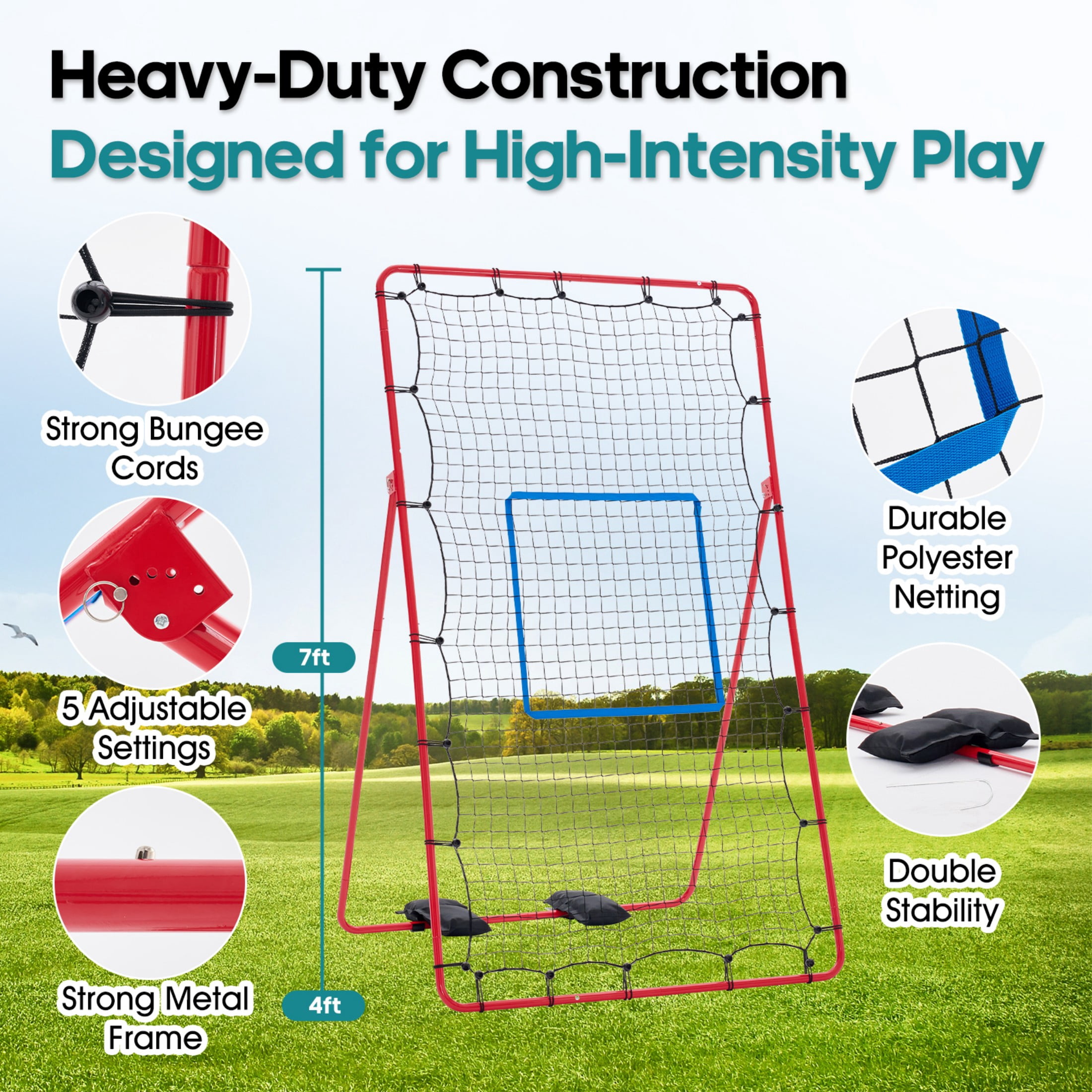 SHOUFTW 7x4 ft Volleyball Rebounder Net-Multi-Sport Training Bounce Back Net with Carry Bag, 5 Angle Adjustments for Indoor & Outdoor Practice, Red