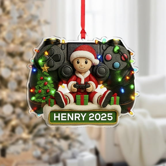Personalized Gamer Santa Acrylic Christmas Ornament 2025 with Lights Custom Name Controller Holiday Tree Decor, Video Game Lover Home Keepsake
