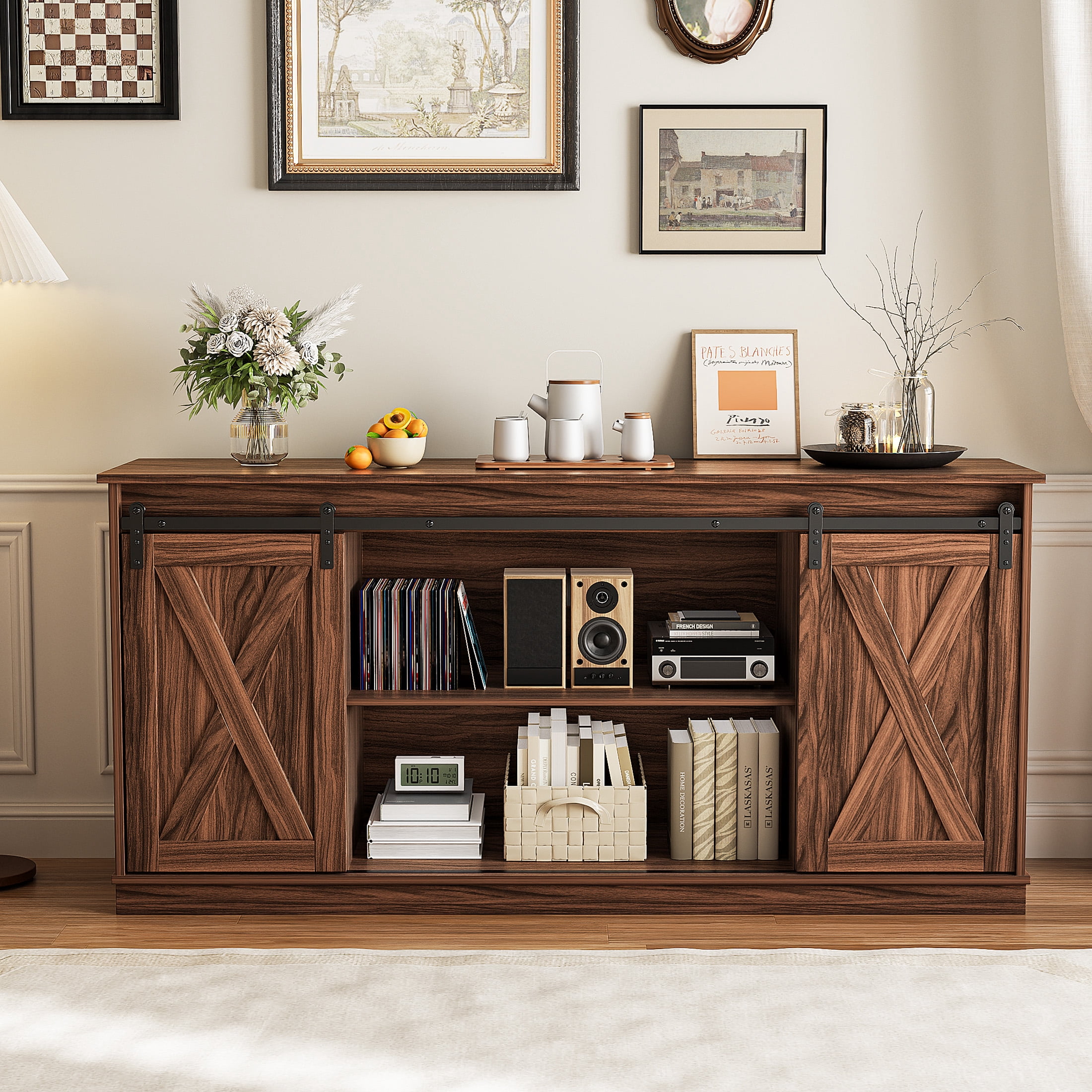 EDX TV Stand for 65" TV, Modern Entertainment Center for Living Room, TV Console Table with Storage Cabnets and Sliding Barn Doors, Rustic Brown