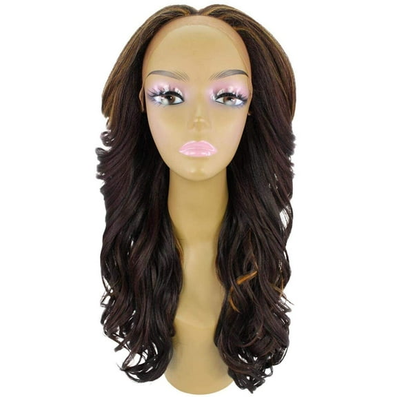 LUXLUXE Yenne Wavy 23 Inch Long 4X4 Hand-Tied Lace Front Wig, Good Heat Resistant Fiber,Caramel Brown Blend