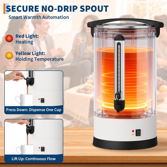 QinaQin Urne à Café Commerciale 14 L, Acier Inoxydable à Double Paroi, Blanc