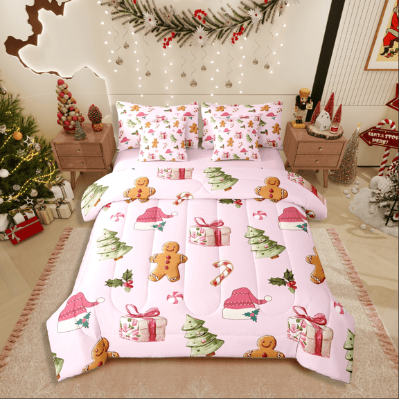 Castle Fairy Merry Christmas Girl 7-Piece Twin Bedding Sets,Gingerbread Man Bedding Comforter Set,Candy Canes Breathable Sheet Sets,Lightweight Room Decor