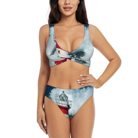 Zeuib Circular Lighthouse High Waisted Tummy Control Bikini Set - Knot Front Push Up Top & Cheeky Thong Bottom  Two-Piece Swimsuit for Women-XX-Large
