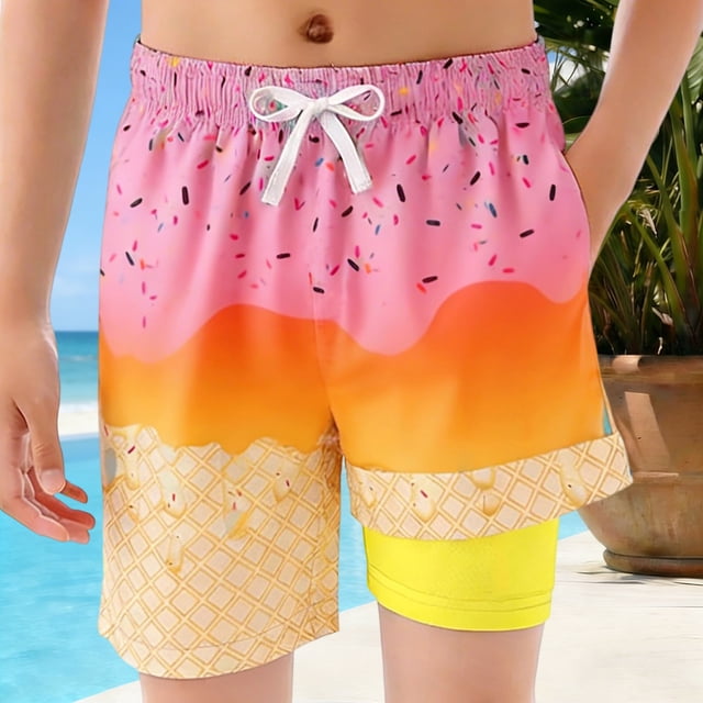 Tween Kids Swim Trunks With Ice Print Elastic Waist Drawstring Quick Dry Kids Bathing Suits 11-12 Years