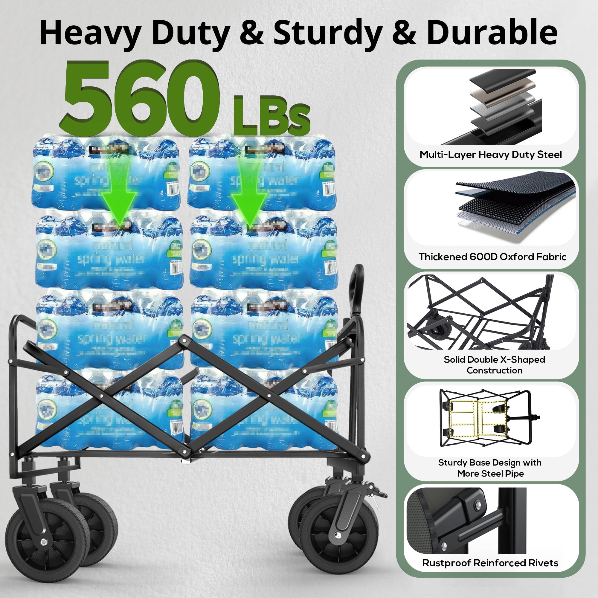 Qunler Collapsible Wagon Cart, 560lbs Heavy Duty Large Utility Garden Cart with Brake Wheels and Side Pocket for Camping, Shopping, Kids, Sports, Grocery, Black