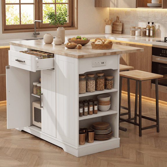 ROGALIS 47"Kitchen Island with 2 Chair, Stationary Island Table with Power Outlet, USB Ports, Spice Rack, Trash Cabinet, and Foldable Drop Leaf for Home Bar or Dining Room,White