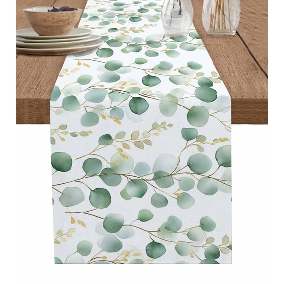 Eucalyptus Leaves Table Runner 72 Inches, Green Gold Spring Botanical Branch Bed Runner Dresser Scarves Tabletop for Indoor Outdoor Parties/Ceremony/Banquet, 16" x 72"