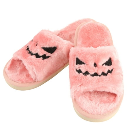 

purcolt Women s Halloween Pumpkin Smile Slippers Open Toe Fuzzy Slippers Non-Slip Soft Cozy Plush House Slippers Warm Furry Slides Flat Sandals Home Shoes Indoor Outdoor