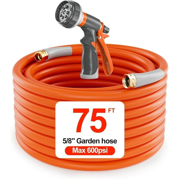75 ft Garden Hose 75ft Water Hose Heavy Duty 5/8 in. Flexible & Lightweight | 600 Burst PSI | 8 Function Nozzle | 3/4" Brass Fittings | Kink-less Hybrid Rubber Hose for Garden Yard Outdoor Watering