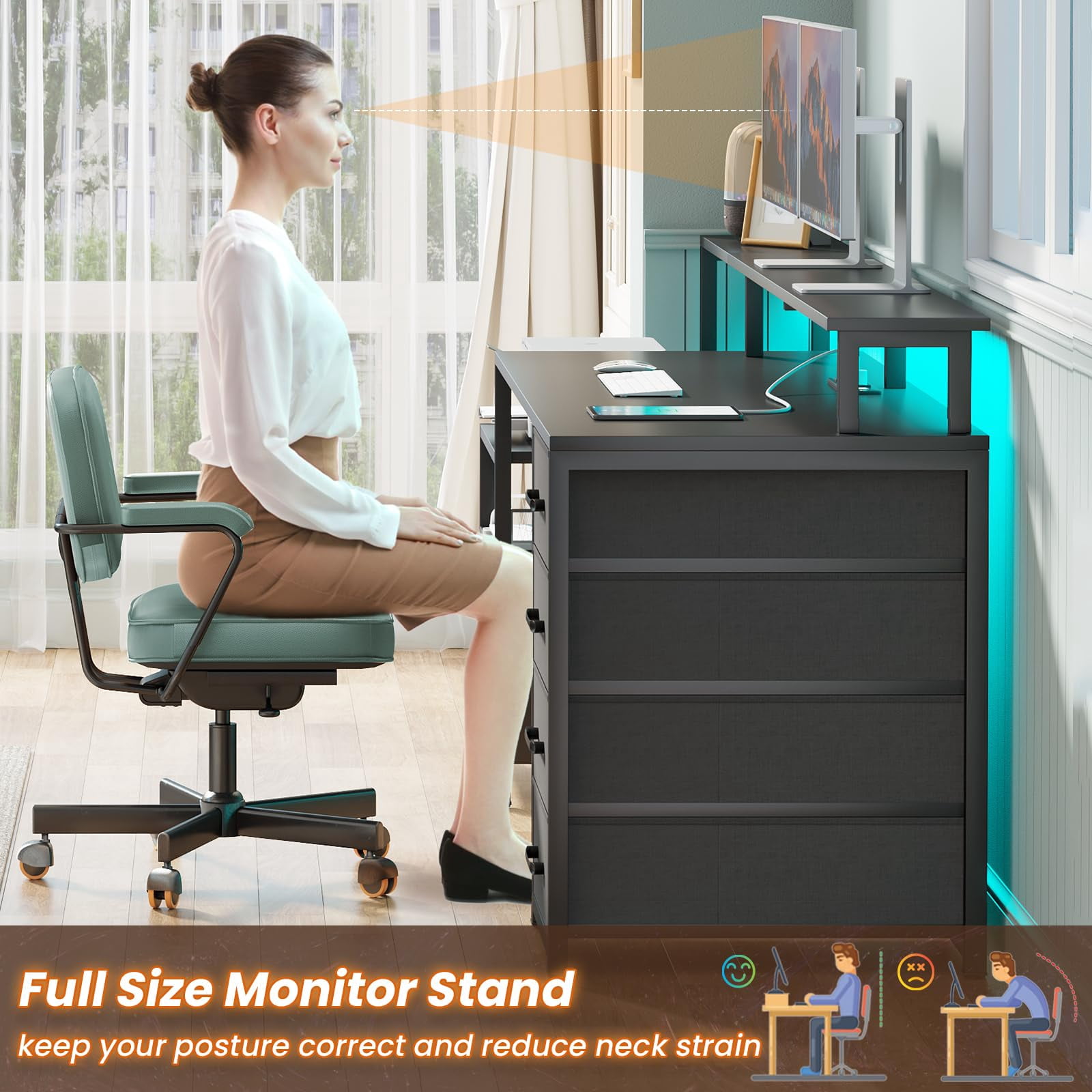 SEDETA Gaming Desk with 5 Drawer, Power Outlet & Led Lights, 66" Home Office Desk with File Drawer, Storage, Monitor Shelf, Computer Desk, Black